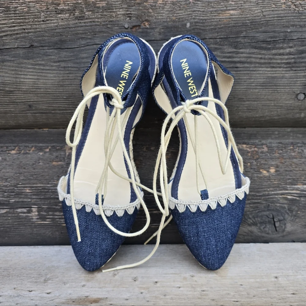 Nine West NEW Unah Coastal Mediterranean Denim Pointy Toe Flat Sandal 6.5M